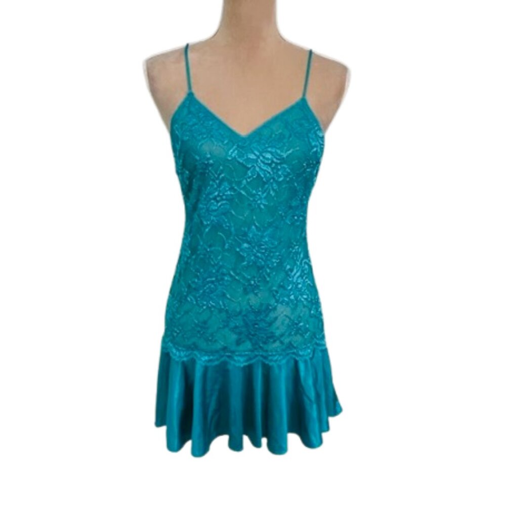 Vintage 80's Nylon Sheer Lace Ruffled Babydoll Nightie Slip Dress Teal XS/S